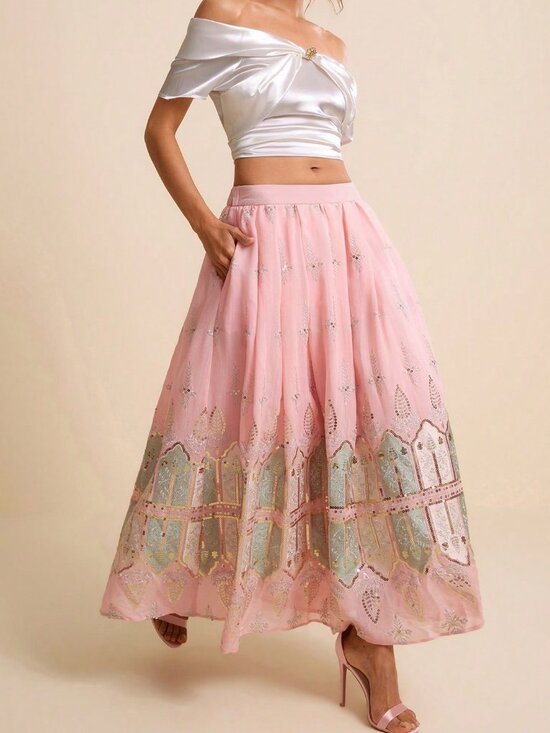 MODA ME COUTURE Dresses & Skirts - Pink Elegant Women's Chiffon Maxi Skirt With Bead And Thread Embroidery